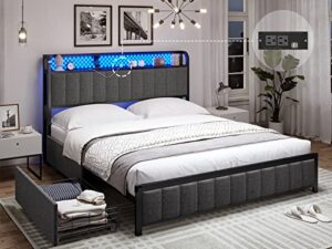 adorneve led bed frame full size with storage headboard and outlets, metal platform bed full with 4 storage drawers and rgb led lights headboard, no box spring needed, noise-free,dark grey