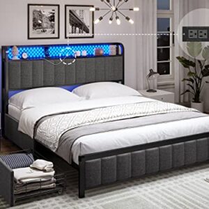 ADORNEVE LED Bed Frame Full Size with Storage Headboard and Outlets, Metal Platform Bed Full with 4 Storage Drawers and RGB LED Lights Headboard, No Box Spring Needed, Noise-Free,Dark Grey