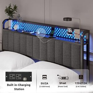 ADORNEVE LED Bed Frame Full Size with Storage Headboard and Outlets, Metal Platform Bed Full with 4 Storage Drawers and RGB LED Lights Headboard, No Box Spring Needed, Noise-Free,Dark Grey