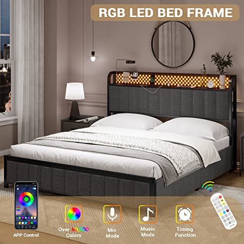 ADORNEVE LED Bed Frame Full Size with Storage Headboard and Outlets, Metal Platform Bed Full with 4 Storage Drawers and RGB LED Lights Headboard, No Box Spring Needed, Noise-Free,Dark Grey