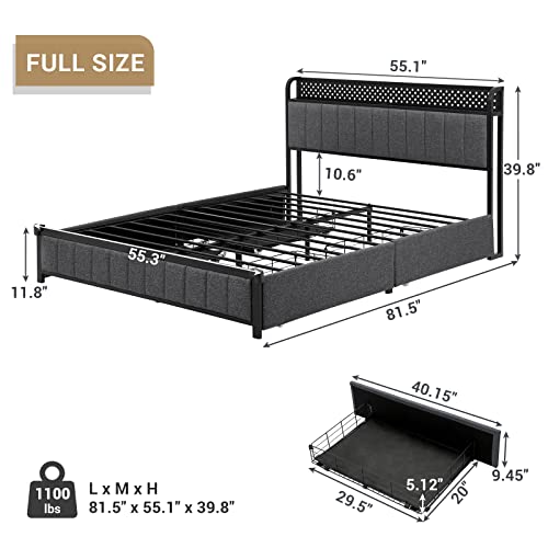 ADORNEVE LED Bed Frame Full Size with Storage Headboard and Outlets, Metal Platform Bed Full with 4 Storage Drawers and RGB LED Lights Headboard, No Box Spring Needed, Noise-Free,Dark Grey