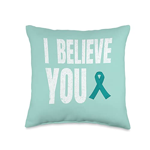 Strength Tees Believe Men Women Sexual Assault Awareness Teal Ribbon Throw Pillow, 16x16, Multicolor