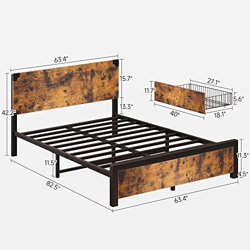 Alkmaar Queen Bed Frame with Storage, Queen Size Bed Frame with 4 Drawers and Headboard, Rustic Vintage Wood and Metal Bed Frame with Large Storage, Noise Free, No Box Spring Needed