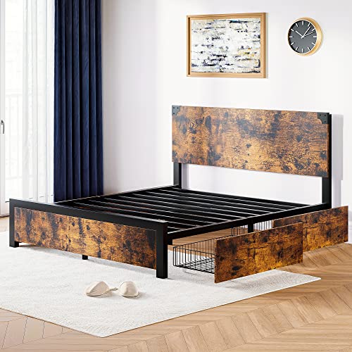 Alkmaar Queen Bed Frame with Storage, Queen Size Bed Frame with 4 Drawers and Headboard, Rustic Vintage Wood and Metal Bed Frame with Large Storage, Noise Free, No Box Spring Needed
