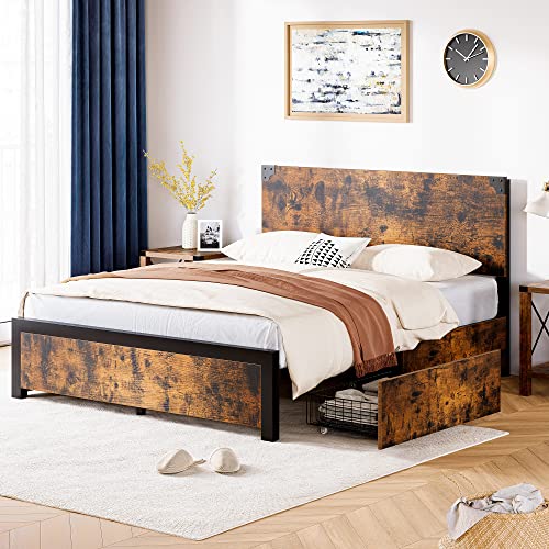 Alkmaar Queen Bed Frame with Storage, Queen Size Bed Frame with 4 Drawers and Headboard, Rustic Vintage Wood and Metal Bed Frame with Large Storage, Noise Free, No Box Spring Needed