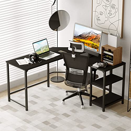 TinyTimes 54.3" L-Shaped Computer Desk, Corner Desk, Computer Desk, for Home Office Writing Study Workstation Industrial Style PC Laptop Table Gaming Desk Save Space Easy Assembly -Black