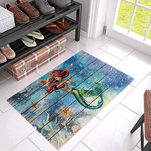 Ocean Mermaid Girl Coral and Starfish Indoor Doormat Front Door Mats, Water Absorbent Non Slip Entrance Rugs, Vintage Wood Plank Texture Floor Bath Rug for Bedroom Bathroom Living Room