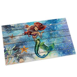 Ocean Mermaid Girl Coral and Starfish Indoor Doormat Front Door Mats, Water Absorbent Non Slip Entrance Rugs, Vintage Wood Plank Texture Floor Bath Rug for Bedroom Bathroom Living Room