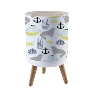 lgcznwdfhtz small trash can with lid for bathroom kitchen office diaper seamless walrus crab anchor underwater cartoon creatures bedroom garbage trash bin dog proof waste basket cute decorative