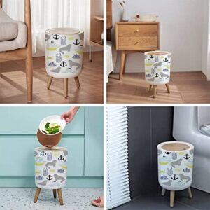 LGCZNWDFHTZ Small Trash Can with Lid for Bathroom Kitchen Office Diaper Seamless Walrus Crab Anchor Underwater Cartoon Creatures Bedroom Garbage Trash Bin Dog Proof Waste Basket Cute Decorative