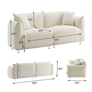 Funkeen Modular Sectional Sofa Couch Furniture Comfy Lambs Wool Fabric 3 Seat Loveseat Sofa Small Mid Century Modern couches for Small Spaces Living Room Bedroom Apartment Office - White