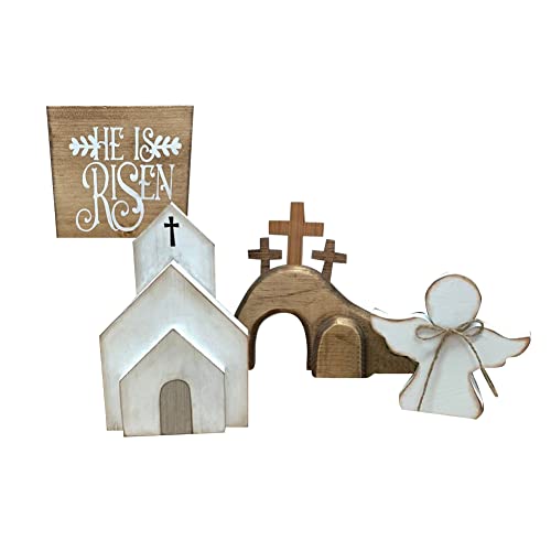 Jesus Tomb Easter Tray Bundle Kit, Easter Resurrection Scene,Wooden Easter Jesus Sign Tiered Tray Decorations, He is Risen Easter Tiered Tray Decor Farmhouse Ornament, Easter Decor for Home Office