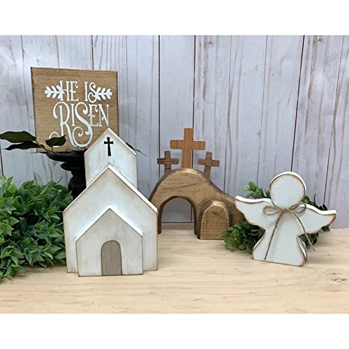 Jesus Tomb Easter Tray Bundle Kit, Easter Resurrection Scene,Wooden Easter Jesus Sign Tiered Tray Decorations, He is Risen Easter Tiered Tray Decor Farmhouse Ornament, Easter Decor for Home Office