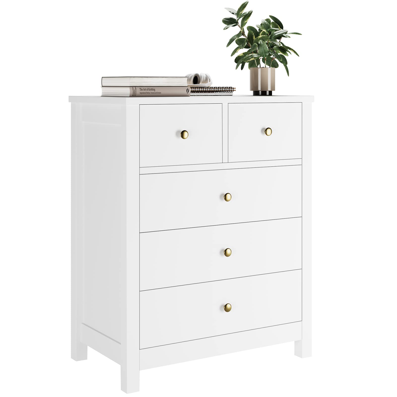 Senfot Drawer Chest Dresser Organizers Storage Wood Nightstand with 5 Drawers Furniture for Kids, Entryway and Living Room in White