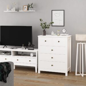 Senfot Drawer Chest Dresser Organizers Storage Wood Nightstand with 5 Drawers Furniture for Kids, Entryway and Living Room in White