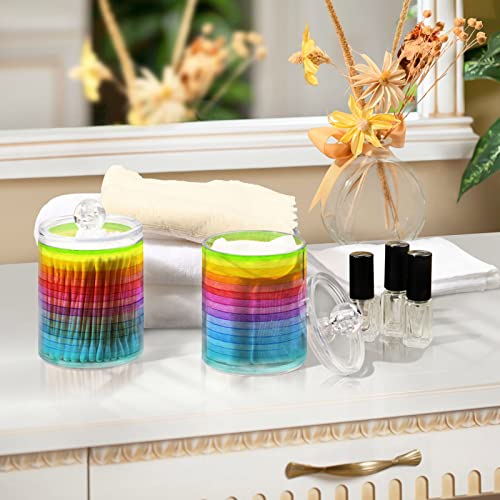 Kigai 2 Pack Rainbow Stripe Qtip Holders Dispenser Bathroom Vanity Organizers Clear Plastic Apothecary Jars with Lids for Cotton Ball, Cotton Swab, Cotton Round Pads, Floss