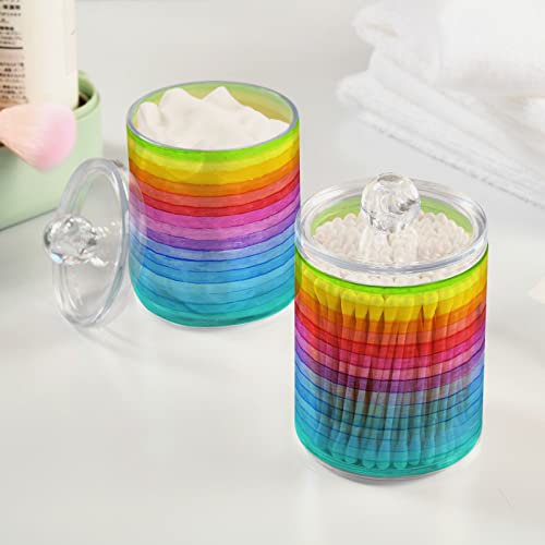 Kigai 2 Pack Rainbow Stripe Qtip Holders Dispenser Bathroom Vanity Organizers Clear Plastic Apothecary Jars with Lids for Cotton Ball, Cotton Swab, Cotton Round Pads, Floss