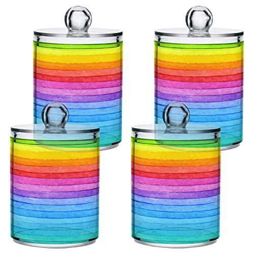 Kigai 2 Pack Rainbow Stripe Qtip Holders Dispenser Bathroom Vanity Organizers Clear Plastic Apothecary Jars with Lids for Cotton Ball, Cotton Swab, Cotton Round Pads, Floss