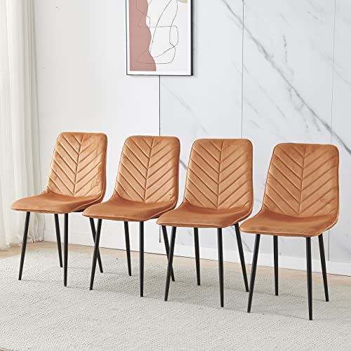BELIFEGLORY Occasional Velvet Dining Chairs Set of 4 Upholstered Grid Pattern Dining Room Chairs Accent Office Reception Chairs Padded Seat with Black Metal Legs for Kitchen Restaurant (Orange)