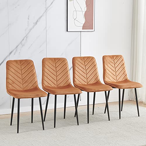 BELIFEGLORY Occasional Velvet Dining Chairs Set of 4 Upholstered Grid Pattern Dining Room Chairs Accent Office Reception Chairs Padded Seat with Black Metal Legs for Kitchen Restaurant (Orange)