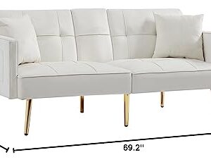 Voohek Loveseat, Velvet Armrests and Cup Holders Bedroom Modern Convertible Sofa Bed, Upholstered Sleeper Couch Folding Furniture for Compact Small Space, Dorm, Living Room Apartment, Office, White