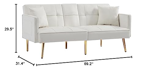 Voohek Loveseat, Velvet Armrests and Cup Holders Bedroom Modern Convertible Sofa Bed, Upholstered Sleeper Couch Folding Furniture for Compact Small Space, Dorm, Living Room Apartment, Office, White