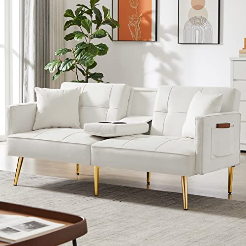 Voohek Loveseat, Velvet Armrests and Cup Holders Bedroom Modern Convertible Sofa Bed, Upholstered Sleeper Couch Folding Furniture for Compact Small Space, Dorm, Living Room Apartment, Office, White