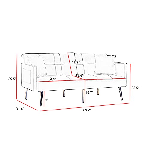 Voohek Loveseat, Velvet Armrests and Cup Holders Bedroom Modern Convertible Sofa Bed, Upholstered Sleeper Couch Folding Furniture for Compact Small Space, Dorm, Living Room Apartment, Office, White