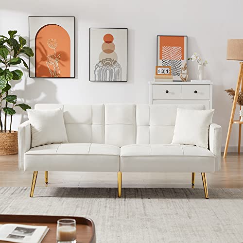 Voohek Loveseat, Velvet Armrests and Cup Holders Bedroom Modern Convertible Sofa Bed, Upholstered Sleeper Couch Folding Furniture for Compact Small Space, Dorm, Living Room Apartment, Office, White