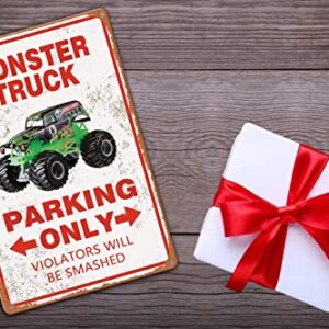 Monster Truck Parking Only Sign Boy's Room Decor Bedroom Accessories Birthday Party Decorations 12 x 8 Inch (957)