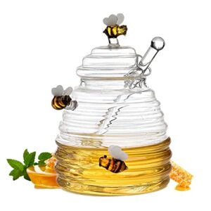muginoho honey jar with dipper and lid glass honey pot container dispenser for home kitchen store honey and syrup, unique beehive shape honeypot