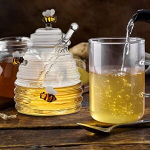 MuginoHo Honey Jar with Dipper and Lid Glass Honey Pot Container Dispenser for Home Kitchen Store Honey and Syrup, Unique Beehive Shape Honeypot