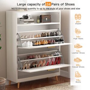 EnHomee Shoe Cabinet 24 Pair Shoe Cabinet for Entryway Slim Entryway Shoe Storage Cabinet with 2 Flip Drawers Size up to Men's 13 Narrow Shoe Cabinet Hidden Shoe Cabinet with Doors Open Shelves