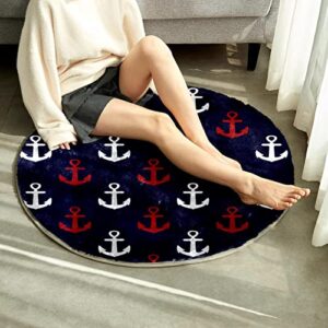 Ultra Soft Faux Rabbit Fur Fuzzy Area Rug Fluffy Bedside Carpet Mat for Bedroom Floor Sofa Living Room Round Rug, Red White Anchor Pattern Navy Blue