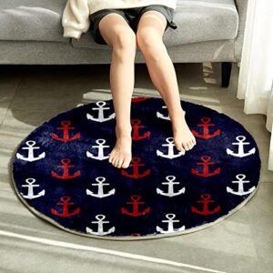 Ultra Soft Faux Rabbit Fur Fuzzy Area Rug Fluffy Bedside Carpet Mat for Bedroom Floor Sofa Living Room Round Rug, Red White Anchor Pattern Navy Blue