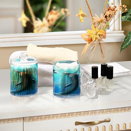 xigua Dolphin Qtip Holder 4 Pack, 14 oz Apothecary Jars Bathroom Vanity Organizer Canister for Qtips,Cotton Swabs,Cotton Balls,Cosmetic Pads,Flossers,Bath Salts