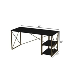 LLS Computer Desk, Work Table Writing Desk Gaming Table Workstation with 47" Wooden Top & 2 Shelves, Writing Sturdy Table Computer Desk with Gold Metal Frame for Home Office Furnish Store, Black