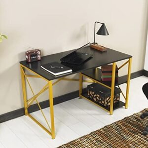 lls computer desk, work table writing desk gaming table workstation with 47" wooden top & 2 shelves, writing sturdy table computer desk with gold metal frame for home office furnish store, black