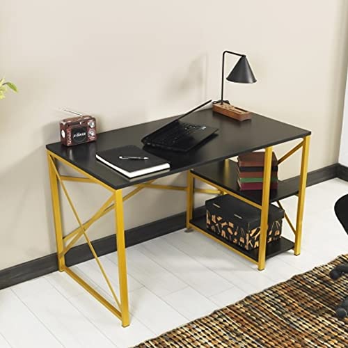 LLS Computer Desk, Work Table Writing Desk Gaming Table Workstation with 47" Wooden Top & 2 Shelves, Writing Sturdy Table Computer Desk with Gold Metal Frame for Home Office Furnish Store, Black