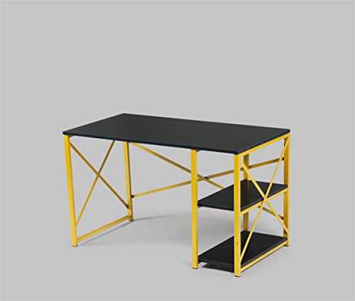 LLS Computer Desk, Work Table Writing Desk Gaming Table Workstation with 47" Wooden Top & 2 Shelves, Writing Sturdy Table Computer Desk with Gold Metal Frame for Home Office Furnish Store, Black