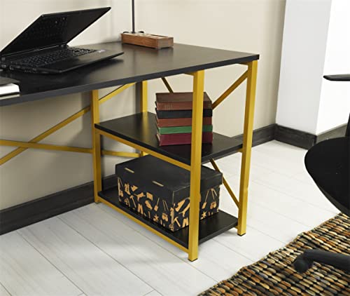 LLS Computer Desk, Work Table Writing Desk Gaming Table Workstation with 47" Wooden Top & 2 Shelves, Writing Sturdy Table Computer Desk with Gold Metal Frame for Home Office Furnish Store, Black