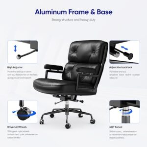 Rimdoc Padded Mid Back Office Chair with Armrest Big Desk Chair 350 Pounds Capacity, High Adjustable, Tilt and Forth, Heavy Duty Aluminum Alloy Frame, Lumbar Support, Genuine Leather, Black