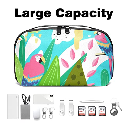 Travel Cord Organizer, Tech Organizer, Electronics Organizer, Cable Organizer Bag, Modern Cartoon Tropical Plant Parrot