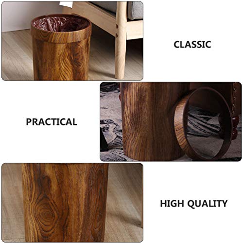 NOLITOY Decorative Storage Bins Small Trash Can Rustic Waste Basket Wood Grain Trash Bin Bathroom Garbage Can Simulated Wooden Wastebasket Flower Holder for Home Kitchen L Metal Bucket