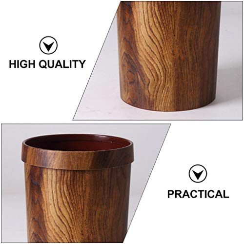 NOLITOY Decorative Storage Bins Small Trash Can Rustic Waste Basket Wood Grain Trash Bin Bathroom Garbage Can Simulated Wooden Wastebasket Flower Holder for Home Kitchen L Metal Bucket