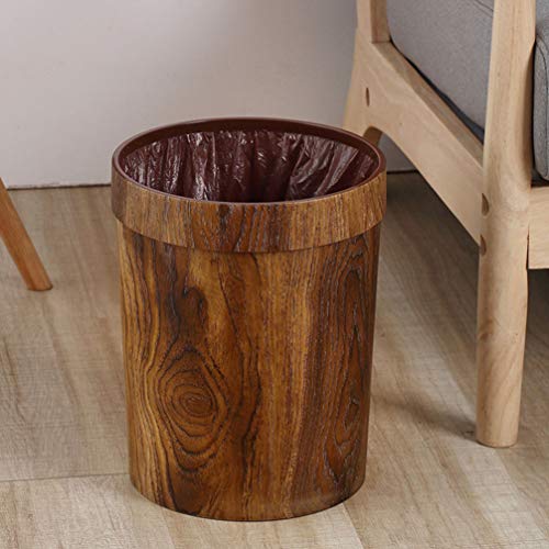 NOLITOY Decorative Storage Bins Small Trash Can Rustic Waste Basket Wood Grain Trash Bin Bathroom Garbage Can Simulated Wooden Wastebasket Flower Holder for Home Kitchen L Metal Bucket