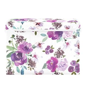 kigai storage basket watercolor purple flowers storage boxes with lids and handle, large storage cube bin collapsible for shelves closet bedroom living room, 16.5x12.6x11.8 in