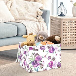 Kigai Storage Basket Watercolor Purple Flowers Storage Boxes with Lids and Handle, Large Storage Cube Bin Collapsible for Shelves Closet Bedroom Living Room, 16.5x12.6x11.8 In