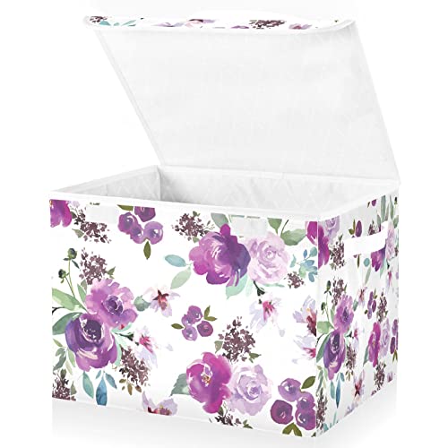 Kigai Storage Basket Watercolor Purple Flowers Storage Boxes with Lids and Handle, Large Storage Cube Bin Collapsible for Shelves Closet Bedroom Living Room, 16.5x12.6x11.8 In