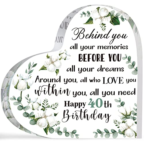 Birthday Gifts for Women, Behind You All Memories Before You All Your Dreams, Birthday Gifts for Women Wife Mom Friend, Flower Pattern Heart Acrylic Sign Keepsake (40th Style)